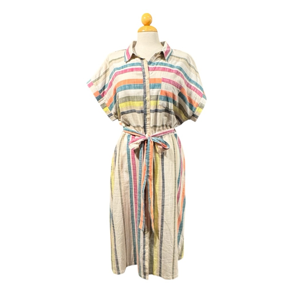 Time and Tru Multicolor Striped Button-Front Dress in Coral and Teal